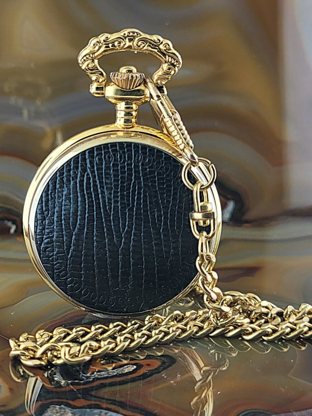 Vintage BENRUS Gold Leather Lizard Embossed Pocket Watch with Date